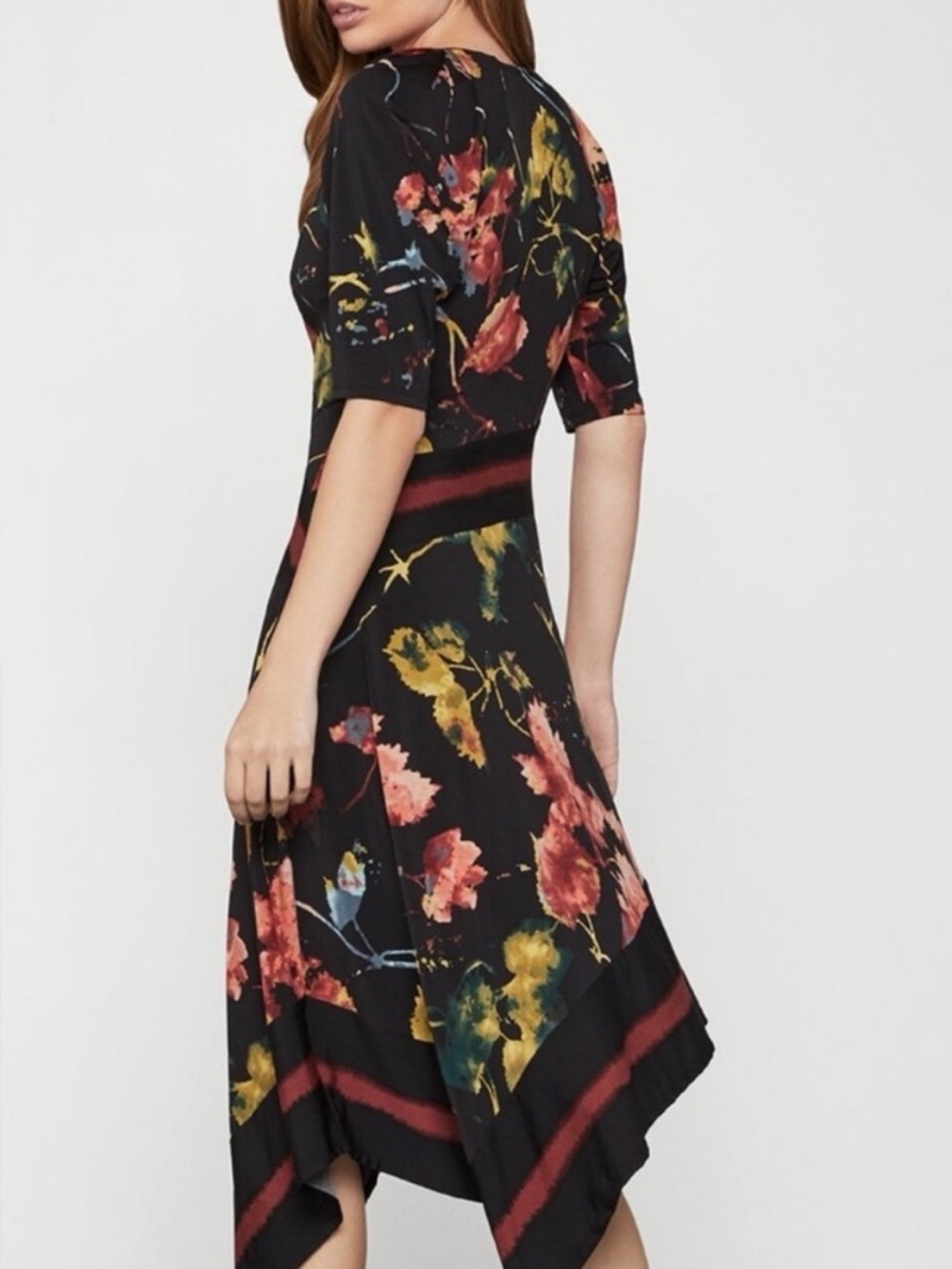 BCBG MaxAzria asymmetrical faux wrap floral jersey dress Maximalist size small - Picture 3 of 5